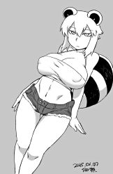 Rule 34 | 1girl, 2015, animal ears, araiguma-san, bare shoulders, breasts, cleavage, covered erect nipples, cowboy shot, curvy, cutoffs, dated, denim, denim shorts, expressionless, grey background, greyscale, highres, large breasts, midriff, monochrome, navel, original, raccoon ears, raccoon tail, short hair, short shorts, shorts, signature, solo, standing, strapless, tail, taut clothes, thigh gap, tsukudani (coke-buta), tube top, wide hips
