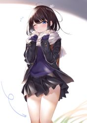Rule 34 | 1girl, arrow (symbol), bag, black hair, black jacket, black skirt, blue eyes, blue sweater, blush, cameltoe, closed mouth, clothes lift, commentary request, grey background, hands up, highres, jacket, legs, legs together, long sleeves, looking down, miniskirt, mole, mole under eye, neco meito, one eye closed, open clothes, open jacket, original, scarf, school bag, school uniform, short hair, simple background, skirt, sweatdrop, sweater, uniform, white scarf, wind, winter clothes, winter uniform