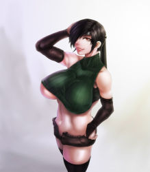 Rule 34 | 1990s (style), 1girl, black hair, black thighhighs, breasts, clothes lift, elbow gloves, female focus, final fantasy, final fantasy vii, gloves, headband, huge breasts, midriff, navel, okai, open clothes, open shorts, red eyes, retro artstyle, shirt lift, short hair, short shorts, shorts, smile, solo, thighhighs, underboob, yuffie kisaragi