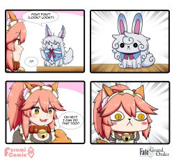 Rule 34 | 1girl, 1other, 4koma, animal ear fluff, animal ears, animal hands, apron, bell, cat paws, chibi, collar, comic, commentary, creature, english text, fang, fate/grand order, fate (series), fou (fate), fox ears, fox girl, fox tail, gloves, hair ribbon, highres, jingle bell, keita naruzawa, long hair, maid headdress, neck bell, parody, paw gloves, pink hair, ponytail, red ribbon, ribbon, riyo (lyomsnpmp) (style), speech bubble, style parody, tail, tamamo (fate), tamamo cat (fate), tamamo cat (second ascension) (fate), yellow eyes