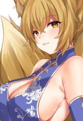 Rule 34 | 1girl, alternate costume, animal ear fluff, animal ears, bad id, bad twitter id, bare shoulders, blonde hair, blue dress, blush, breasts, china dress, chinese clothes, cleavage, cleavage cutout, clothing cutout, commentary request, detached sleeves, dress, fox ears, fox tail, hair between eyes, large breasts, looking at viewer, marota, multiple tails, no headwear, short hair, simple background, sleeveless, sleeveless dress, solo, tail, touhou, upper body, white background, yakumo ran, yellow eyes
