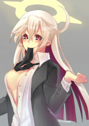 Rule 34 | 1girl, althea jade, blush, breasts, cleavage, spiked halo, grey background, guilty gear, guilty gear xrd, halo, highres, jack-o&#039; valentine, large breasts, long hair, looking at viewer, mouth hold, pink eyes, simple background, smile, solo, twitter username