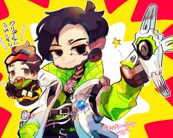 Rule 34 | 2boys, animification, apex legends, black eyes, black hair, black shirt, bodysuit, brown hair, clenched hand, crypto (apex legends), drone, facial hair, goatee, goggles, goggles on head, green scarf, green vest, hack (apex legends), jacket, jewelry, male focus, mirage (apex legends), mole, mole under eye, multiple boys, necklace, repikinoko, scarf, shirt, smile, sparkle, star (symbol), vest, white jacket, yellow bodysuit