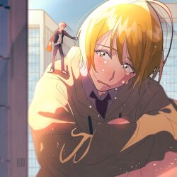 Rule 34 | 1boy, 1girl, aoi tete, blonde hair, blush, building, crying, fetal position, giant, giantess, harryham harry, highres, hood, hoodie, hugtto! precure, jacket, kagayaki homare, leather, leather jacket, looking at another, necktie, outdoors, precure, red hair, red necktie, short hair, standing on shoulder, tears