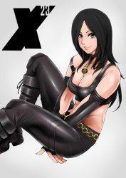 Rule 34 | 1girl, animification, black hair, breasts, character name, cholesenel, cleavage, collar, crop top, fingerless gloves, gloves, green eyes, groin, highres, large breasts, long hair, marvel, midriff, smile, solo, strap slip, x-23, x-men
