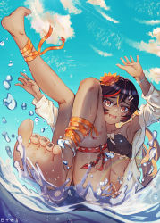 Rule 34 | 1girl, :o, absurdres, alternate costume, alternate hairstyle, ankle strap, anklet, armpits, arms up, bare legs, barefoot, bikini, black bikini, black hair, blue sky, cloud, cloudy sky, commentary request, dark-skinned female, dark skin, falling, flower, genshin impact, hair between eyes, hair down, hair flower, hair ornament, hairclip, highres, jewelry, leg up, long hair, looking at viewer, midriff, multicolored hair, ocean, orange eyes, outstretched arms, rainbow, rishixiyan, sidelocks, sky, soles, solo, spread arms, streaked hair, summer, sunflower, sunflower hair ornament, swimsuit, toes, wavy mouth, xinyan (genshin impact)