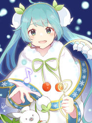 Rule 34 | &gt; &lt;, 1girl, 1other, ainu clothes, aoiyui, aqua eyes, aqua hair, capelet, cherry, commentary, dress, eighth note, flower, food, fruit, fur-trimmed capelet, fur trim, glowing, gold trim, hair flower, hair ornament, hatsune miku, headset, holding, holding flower, lily of the valley, long hair, looking at viewer, musical note, night, open mouth, outdoors, rabbit yukine, signature, smile, snow fairy story (vocaloid), snowbell (flower), snowflake print, snowing, treble clef, twintails, very long hair, vocaloid, white capelet, white dress, white flower, yuki miku, yuki miku (2015)