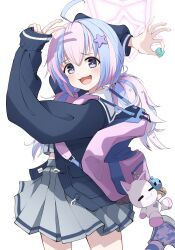 Rule 34 | 1girl, ahoge, backpack, bag, blue archive, blue eyes, commentary request, goodbye sengen (vocaloid), grey jacket, grey skirt, hair between eyes, hair ornament, halo, highres, jacket, long hair, long sleeves, looking at viewer, low twintails, multicolored hair, open mouth, pink hair, pleated skirt, purple hair, reisa (blue archive), school uniform, serafuku, shijima (shijima tc), sidelocks, simple background, skirt, smile, solo, star (symbol), star hair ornament, twintails, two-tone hair