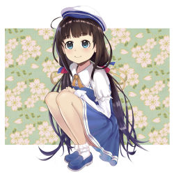 Rule 34 | 10s, 1girl, absurdres, ahoge, beret, blue dress, blue eyes, blue footwear, bobby socks, brown hair, closed mouth, commentary request, dress, floral background, hans (425299354), hat, highres, hinatsuru ai, layered sleeves, long hair, long sleeves, looking at viewer, low twintails, puffy short sleeves, puffy sleeves, ryuuou no oshigoto!, school uniform, shoes, short over long sleeves, short sleeves, smile, socks, solo, squatting, twintails, very long hair, white background, white hat, white socks