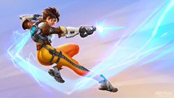 Rule 34 | 1girl, ass, bodysuit, brown hair, character name, chest harness, clothes writing, dual wielding, goggles, gun, handgun, harness, highres, holding, orange bodysuit, overwatch, overwatch 1, realistic, short hair, smile, solo, spiked hair, tracer (overwatch), watermark, weapon, web address, will murai