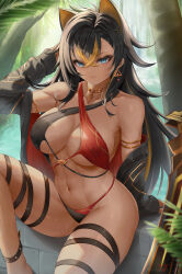 Rule 34 | 1girl, aqua eyes, armlet, bikini, black hair, black jacket, blurry, breasts, closed mouth, commentary request, criss-cross halter, crossed bangs, cyicheng, dark-skinned female, dark skin, dehya (genshin impact), depth of field, duplicate, earrings, genshin impact, gold, halterneck, jacket, jewelry, large breasts, leaf, multicolored hair, multiple straps, navel, neck ring, off shoulder, pixel-perfect duplicate, skindentation, solo, stomach, streaked hair, swimsuit, sword, thigh strap, thighs, tree, two-tone bikini, water, waterfall, weapon