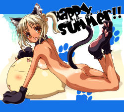 Rule 34 | 1girl, animal ears, animal hands, arm support, ass, back, bell, blonde hair, breast press, breast rest, breasts, cat ears, cat tail, collar, from side, hair bobbles, hair ornament, ishida hiroyuki, jingle bell, large breasts, legs folded, lying, nude, on stomach, one-piece tan, original, paw print, shiny skin, side ponytail, solo, summer, tail, tan, tanline, yellow eyes