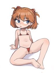 Rule 34 | 1girl, alternate hairstyle, arm support, bare legs, barefoot, bikini, blue eyes, blush, closed mouth, collarbone, feet, female focus, flat chest, full body, gluteal fold, highres, interface headset, knees apart feet together, lips, micro bikini, navel, neon genesis evangelion, orange hair, partially visible vulva, qtkat, red bikini, short hair, simple background, sitting, solo, souryuu asuka langley, spread legs, swimsuit, thighs, toes, white background