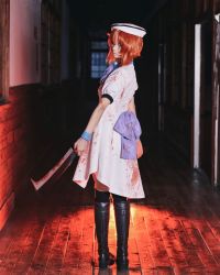 Rule 34 | 1girl, back bow, backlighting, black footwear, black thighhighs, blood, bloody weapon, boots, bow, closed mouth, cosplay, cosplay photo, dress, from behind, full body, highres, higurashi no naku koro ni, holding, holding weapon, indoors, looking at viewer, looking back, medium hair, mrpg 0824, orange hair, photo (medium), puffy short sleeves, puffy sleeves, purple bow, ryuuguu rena, ryuuguu rena (cosplay), short sleeves, shouji, sliding doors, solo, standing, thighhighs, weapon, white dress, white headwear, window, wooden floor