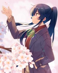 Rule 34 | 1girl, alternate costume, arm up, black hair, blush, brown coat, buttons, cherry blossoms, coat, from side, hair between eyes, hand in pocket, kantai collection, long hair, long sleeves, parted lips, petals, ponytail, red eyes, solo, upper body, very long hair, yahagi (kancolle), yukichi (eikichi)