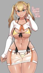 Rule 34 | 1girl, agawa ryou, arm behind head, artist name, bikini, blonde hair, blue eyes, blush, breasts, cleavage, closed mouth, collarbone, commentary, cowboy shot, curvy, dated, english commentary, grey background, halterneck, large breasts, linea alba, long hair, long sleeves, micro bikini, navel, numbered, original, partially unbuttoned, see-through, see-through skirt, shirt, side-tie bikini bottom, sidelocks, simple background, skirt, sleeves past wrists, smile, solo, swimsuit, tan, thick thighs, thigh gap, thighs, tsurime, twintails, underboob, white shirt, wide hips, yellow bikini