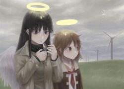 Rule 34 | ..., 2girls, angel, angel wings, arms at sides, black eyes, black hair, brown coat, brown eyes, brown hair, brown jacket, cigarette, closed mouth, coat, collared coat, collared jacket, commentary, diu9you, english commentary, feathered wings, grass, haibane renmei, halo, hands up, highres, holding, holding lighter, jacket, light, light smile, lighter, lighting cigarette, long hair, long sleeves, messy hair, multiple girls, neckerchief, outdoors, overcast, rakka (haibane), red sailor collar, reki (haibane), sailor collar, school uniform, serafuku, sidelocks, sky, smoking, translation request, turtleneck, upper body, wind turbine, windmill, wings