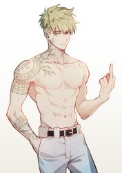 Rule 34 | 1boy, abs, annoyed, aqua eyes, arm tattoo, belt, blonde hair, closed mouth, collarbone, cowboy shot, facial mark, facial tattoo, frown, hand in pocket, hand up, highres, looking at viewer, male focus, middle finger, millions knives, mole, mole under eye, natural wind, navel, neck tattoo, nipples, pants, short hair, shoulder tattoo, simple background, solo, tattoo, topless male, trigun, trigun stampede, white background, white pants