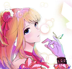 Rule 34 | 1girl, absurdres, alternate eye color, blonde hair, blue eyes, bug, butterfly, butterfly on hand, chinese commentary, choker, commentary request, floating hair, flower, frills, hair flower, hair ornament, highres, hoshino ruby, insect, lens flare, looking at viewer, mismatched pupils, one side up, oshi no ko, parted lips, pink choker, posycola, ribbon choker, shadow, sidelocks, solo, star-shaped pupils, star (symbol), symbol-shaped pupils, upper body