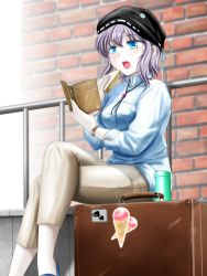Rule 34 | 1girl, :o, abyssal ship, alternate costume, bad id, bad pixiv id, black hat, blue eyes, blue shirt, blush, bolo tie, book, brick wall, casual, commentary request, contemporary, crossed legs, food, grey hair, hat, highres, holding, holding book, holding food, kantai collection, khakis, moto rom moppara, pale skin, railing, reading, sandwich, shirt, short hair, sidelocks, sitting, solo, suitcase, watch, wo-class aircraft carrier, wristwatch