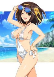 Rule 34 | 1girl, absurdres, bare shoulders, beach, blue sky, blurry, blurry background, blush, bracelet, breasts, brown eyes, brown hair, cleavage, cloud, cloudy sky, collarbone, covered navel, day, eyewear on head, hairband, haruhisky, highres, jewelry, looking at viewer, medium breasts, nipples, ocean, one-piece swimsuit, one eye closed, open mouth, outdoors, outside border, palm leaf, see-through, shiny skin, short hair, sky, smile, solo, sparkle, sunglasses, sunglasses on head, suzumiya haruhi, suzumiya haruhi no yuuutsu, swimsuit, thighs, water, white one-piece swimsuit