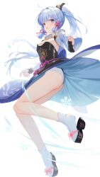 Rule 34 | 1girl, :o, arm guards, arm up, armor, ayaka (genshin impact), bare legs, black footwear, blue capelet, blue eyes, blue hair, blunt bangs, blunt tresses, bow, breastplate, breasts, bridal gauntlets, capelet, commentary, dou, frilled panties, frills, from side, full body, genshin impact, gloves, gold, gold trim, hair bobbles, hair ornament, hair ribbon, hakama, hakama short skirt, hakama skirt, high collar, highres, ice, ice crystal, japanese armor, japanese clothes, jewelry, jumping, knot, kusazuri, lace trim, legs, light blue hair, light blush, long hair, looking away, looking to the side, medium breasts, midair, neck ring, neck tassel, necklace, open mouth, panties, partially fingerless gloves, ponytail, ribbon, ritsuki, shoes, skirt, snowflakes, socks, solo, tassel, thighs, tress ribbon, underwear, upskirt, vambraces, very long hair, white background, white panties, wide sleeves, wind, wind lift