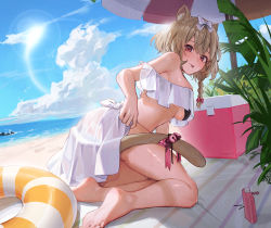 Rule 34 | 1girl, :p, absurdres, animal ear fluff, animal ears, bare legs, bare shoulders, barefoot, beach, beach mat, bikini, blue sky, blush, bottle, bow, breasts, brown hair, cloud, cocoshiro yuara, cooler, day, grey bow, hair between eyes, hair bow, highres, indie virtual youtuber, innertube, large breasts, looking at viewer, looking back, off-shoulder bikini, off shoulder, outdoors, pink bow, pink eyes, plant, sarong, sky, solo, sooon, swim ring, swimsuit, tail, tail bow, tail ornament, tongue, tongue out, virtual youtuber, wet, white bikini