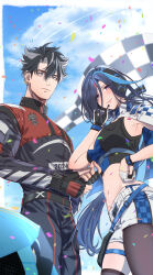 Rule 34 | 1boy, 1girl, absurdres, armpits, asymmetrical legwear, bag, belt, black hair, blue eyes, blue hair, border, breasts, cape, car, clorinde (genshin impact), closed mouth, collared cape, confetti, day, earrings, feet out of frame, fingerless gloves, fingernails, genshin impact, gloves, grey hair, hand on own hip, headset, highres, jacket, jewelry, large breasts, lips, long hair, long sleeves, looking at viewer, mature female, mature male, midriff, mismatched legwear, motor vehicle, multicolored hair, navel, official alternate costume, outdoors, outside border, own hands together, pants, purple eyes, race queen, racing suit, rchella, short hair, short shorts, shorts, single leg pantyhose, single thighhigh, skindentation, smile, standing, stomach, tank top, thigh strap, thighhighs, two-tone hair, uneven legwear, white border, wriothesley (genshin impact)