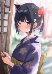 Rule 34 | 1girl, animal ears, black hair, blue archive, blush, cat ears, closed mouth, colored inner hair, commentary request, extra ears, hair ornament, hairclip, halo, highres, japanese clothes, kazusa (blue archive), kimono, long sleeves, multicolored hair, nohohon neko, obi, pink hair, pink halo, purple kimono, red eyes, sash, short hair, solo, wide sleeves