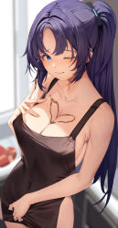Rule 34 | 1girl, absurdres, amagimei, apron, bare shoulders, blue archive, blush, breasts, brown apron, cleavage, closed mouth, collarbone, hair ornament, highres, large breasts, long hair, looking at viewer, naked apron, one eye closed, purple eyes, purple hair, sidelocks, smile, solo, two side up, yuuka (blue archive)