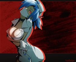 Rule 34 | 1girl, arms under breasts, blue hair, breasts, choker, cleavage, crossed arms, hat, highres, mask, mouth mask, nurse cap, ponytail, red background, red eyes, sissybumchad, skullgirls, solo, surgical mask, syringe, upper body, valentine (skullgirls)