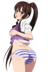 Rule 34 | 10s, 1girl, ass, back, blush, breasts, brown hair, clothes lift, dimples of venus, from behind, green eyes, high ponytail, highres, kekke, kirasaka sayaka, long hair, looking back, no pants, open mouth, panties, ponytail, shirt lift, side-tie panties, simple background, solo, strike the blood, striped clothes, striped panties, underwear, white background