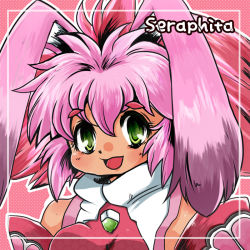Rule 34 | 1girl, animal ears, character name, dyed bangs, green eyes, multicolored hair, pink background, pink hair, rabbit ears, red hair, seraphita, seraphita (xenogears), short hair, smile, solo, two-tone hair, xenogears, yamabuki natsume