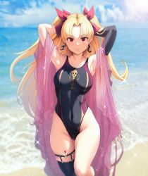 Rule 34 | 1girl, armpits, arms behind head, arms up, bare shoulders, beach, black one-piece swimsuit, black thighhighs, blonde hair, blue sky, blush, bow, breasts, closed mouth, collarbone, commentary request, competition swimsuit, covered navel, day, earrings, ereshkigal (fate), fate/grand order, fate (series), hair bow, highleg, highleg swimsuit, highres, hoop earrings, infinity symbol, jewelry, long hair, looking at viewer, medium breasts, ocean, one-piece swimsuit, parted bangs, red bow, red eyes, revision, shawl, single thighhigh, skull print, sky, solar (happymonk), solo, sparkle, swimsuit, thighhighs, thighs, two side up