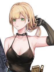 Rule 34 | 1girl, absurdres, adjusting hair, ammunition belt, assault rifle, bare shoulders, black choker, black dress, black gloves, blonde hair, breasts, choker, cleavage, collarbone, commentary, dress, earpiece, elbow gloves, gloves, green eyes, gun, highres, holding, holding gun, holding weapon, lithographica, long hair, looking at viewer, magazine (weapon), medium breasts, open mouth, original, parted lips, rifle, solo, upper body, weapon, weapon request, white background