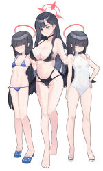 Rule 34 | 3girls, absurdres, arm around waist, barefoot, bikini, black bikini, black choker, black hair, black wings, blue archive, blue bikini, blue eyes, blue footwear, blunt bangs, breasts, choker, covered navel, eyes visible through hair, full body, hair ornament, hair over eyes, hairclip, halo, hand on another&#039;s shoulder, hand on own hip, highres, ichika (blue archive), justice task force member (blue archive), large breasts, low wings, multi-strapped bikini bottom, multiple girls, navel, one-piece swimsuit, red eyes, red halo, sandals, side-tie bikini bottom, small breasts, smile, string bikini, swimsuit, toes, white background, white footwear, white one-piece swimsuit, wings, yuchi (pixiv37424736)