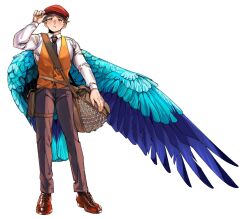 Rule 34 | 1boy, adjusting clothes, adjusting headwear, arm up, bag, bird boy, bird tail, bird wings, black eyes, black necktie, blue hair, blue wings, brown bag, brown footwear, brown hair, brown pants, cabbie hat, closed mouth, collared shirt, fang, fang out, feathered wings, freckles, full body, hat, highres, long sleeves, looking at viewer, mailman, male focus, multicolored hair, necktie, orange vest, original, pants, pouch, red hat, rramarukun, shirt, short hair, shoulder bag, simple background, solo, standing, streaked hair, tail, thigh pouch, very short hair, vest, white background, white shirt, wings