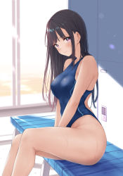 Rule 34 | 1girl, backlighting, bare arms, bare legs, bare shoulders, bench, blue one-piece swimsuit, blush, breasts, brown hair, closed mouth, commentary request, competition swimsuit, covered erect nipples, day, feet out of frame, highleg, highleg swimsuit, highres, locker, long hair, medium breasts, on bench, one-piece swimsuit, original, pink eyes, sidelocks, sitting, smile, solo, sunlight, swimsuit, thighs, wet, wing (aiastor)