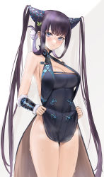 Rule 34 | 1girl, absurdres, bare shoulders, black dress, blue eyes, blunt bangs, blush, breasts, china dress, chinese clothes, cleavage, clothes lift, detached sleeves, doinaka, dress, dress lift, fate/grand order, fate (series), hair ornament, highres, large breasts, leaf hair ornament, long hair, looking at viewer, purple hair, side slit, sidelocks, thighs, twintails, very long hair, yang guifei (fate), yang guifei (second ascension) (fate)