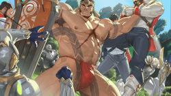 Rule 34 | abs, arm tattoo, armor, armpit hair, armpits, arrow (projectile), bad source, batur (gyee), beard, biceps, black eyes, black hair, bracelet, branch, chest plate, collared jacket, denim, facial hair, fighting, fundoshi, gauntlets, gloves, grass, gyee, hairy, headband, helmet, highres, jacket, japanese clothes, jeans, jewelry, large pectorals, leg armor, leg tattoo, lifting person, long sleeves, male focus, male underwear, mature male, multiple boys, muscular, navel, navel hair, nipples, no pants, official art, one eye closed, outdoors, pants, pectorals, scar, scar on chest, shield, sky, soldier, spiked hair, stubble, sword, tattoo, thick arms, thick eyebrows, thick thighs, thighs, tooboshoo, topless male, tree, underwear, warrior, weapon