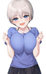 Rule 34 | 1girl, :d, bad id, bad pixiv id, blue eyes, blue shirt, blush, bra strap, breasts squeezed together, breasts, collarbone, commentary, emyo, fang, hair between eyes, halterneck, highres, large breasts, looking at viewer, open mouth, shirt, short hair, short sleeves, silver hair, simple background, skin fang, smile, solo, upper body, uzaki-chan wa asobitai!, uzaki hana, white background