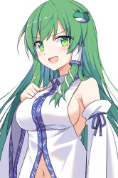 Rule 34 | 1girl, bare shoulders, blush, breasts, detached sleeves, e.o., frog hair ornament, green eyes, green hair, hair ornament, hair tubes, highres, japanese clothes, kochiya sanae, large breasts, long hair, looking at viewer, navel, nontraditional miko, open mouth, sideboob, simple background, smile, smug, snake hair ornament, solo, touhou, upper body, white background, white sleeves, wide sleeves