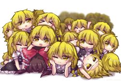 Rule 34 | &gt; &lt;, 6+girls, :&lt;, :3, apron, arm up, arms up, black skirt, black vest, blonde hair, blush, bow, braid, brown hair, buttons, chibi, clone, closed eyes, closed mouth, commentary request, dogpile, elbow rest, eyes visible through hair, hair between eyes, hair bow, hair ornament, hair tubes, hakurei reimu, hand up, hands up, kirisame marisa, long hair, looking at another, looking at viewer, looking to the side, lying, multiple girls, no headwear, one eye closed, open mouth, puffy short sleeves, puffy sleeves, purple bow, red bow, seiza, shadow, shirt, short hair, short sleeves, single braid, sitting, skirt, smile, teeth, too many, touhou, unime seaflower, vest, white apron, white background, white bow, white shirt, yellow eyes