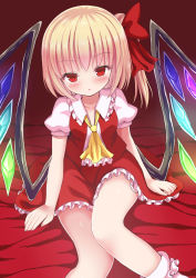 Rule 34 | 1girl, ascot, blonde hair, blush, bobby socks, collarbone, fang, flandre scarlet, givuchoko, hair ribbon, highres, looking at viewer, open mouth, parted lips, red eyes, red ribbon, revision, ribbon, side ponytail, sitting, socks, solo, touhou, white socks, wings