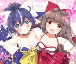 Rule 34 | 2girls, animal ears, artist request, azur lane, blue eyes, blue hair, blush, bow, breasts, brown hair, cherry blossoms, cleavage, collarbone, commentary request, detached sleeves, hair bow, harutsuki (azur lane), long hair, looking at viewer, multiple girls, nontraditional miko, open mouth, outstretched arms, petals, red eyes, small breasts, spread arms, yoizuki (azur lane)
