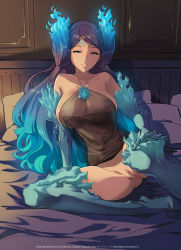 Rule 34 | 1girl, ale (ale halexxx), artist name, bad id, bad twitter id, bare shoulders, bed, bed sheet, blue eyes, blue fire, blue gloves, blue hair, boots, breasts, brighid (xenoblade), clitoris, commentary, curly hair, elbow gloves, english commentary, english text, eyelashes, facial mark, fire, fire hair, forehead mark, gloves, glowing, glowing hair, gradient hair, half-closed eyes, large breasts, light, long hair, looking at viewer, matching hair/eyes, multicolored hair, navel, nintendo, nipples, on bed, pillow, presenting, purple hair, pussy, see-through, shiny skin, sitting, smile, solo, solo focus, spread legs, tattoo, thigh boots, thighhighs, uncensored, very long hair, xenoblade chronicles (series), xenoblade chronicles 2, yokozuwari