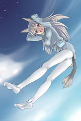 Rule 34 | 00s, 1girl, :d, arms up, ass, blue eyes, eila ilmatar juutilainen, feet, from above, from behind, looking at viewer, looking back, open mouth, pantyhose, satou atsuki, silver hair, smile, solo, strike witches, white pantyhose, world witches series