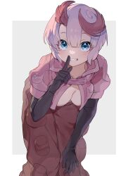 Rule 34 | 1girl, baggy pants, black gloves, blue eyes, blunt bangs, border, breasts, commentary, cropped jacket, elbow gloves, feet out of frame, finger to mouth, gloves, grey background, grin, hair between eyes, highres, index finger raised, jacket, leaning forward, light blush, looking at viewer, made in abyss, medium breasts, multicolored hair, muraki (owantogohan), open clothes, open jumpsuit, outside border, pants, pink hair, pink jacket, puffy short sleeves, puffy sleeves, red hair, red pants, short hair, short sleeves, simple background, smile, solo, streaked hair, tepaste, white border