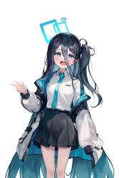 Rule 34 | 1girl, absurdres, aqua necktie, aris (blue archive), black hair, black hairband, black skirt, blue archive, blue eyes, blue halo, coat, collared shirt, hair between eyes, hairband, halo, hand up, highres, long hair, long hair between eyes, long sleeves, looking at viewer, necktie, open mouth, rectangular halo, shirt, side ponytail, simple background, skirt, solo, teeth, tie clip, upper teeth only, user raxx5258, very long hair, white background, white coat, white shirt
