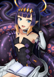 Rule 34 | 1girl, absurdres, black gloves, blue eyes, blunt bangs, blush, book, detached sleeves, dress, fang, flat chest, gloves, hair ornament, halo, highres, hololive, hololive english, long hair, mole, mole under eye, multicolored hair, ninomae ina&#039;nis, open book, open mouth, orange hair, pointy ears, purple hair, silverchariotx, smile, solo, tentacle hair, tentacles, virtual youtuber